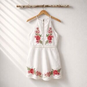 She + Sky Embroidered Floral Romper White Halter Boho Festival Size L Cottage